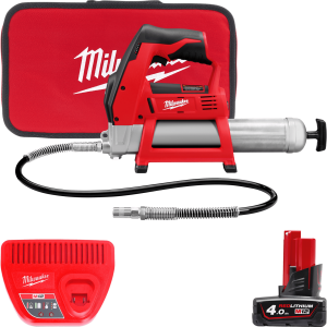Шприц для змащування акумуляторний MILWAUKEE, M12 GG-401B (зарядний пристрій, 1 акумулятор М12 В4 4Ач, алюмінієва туба, сумка)