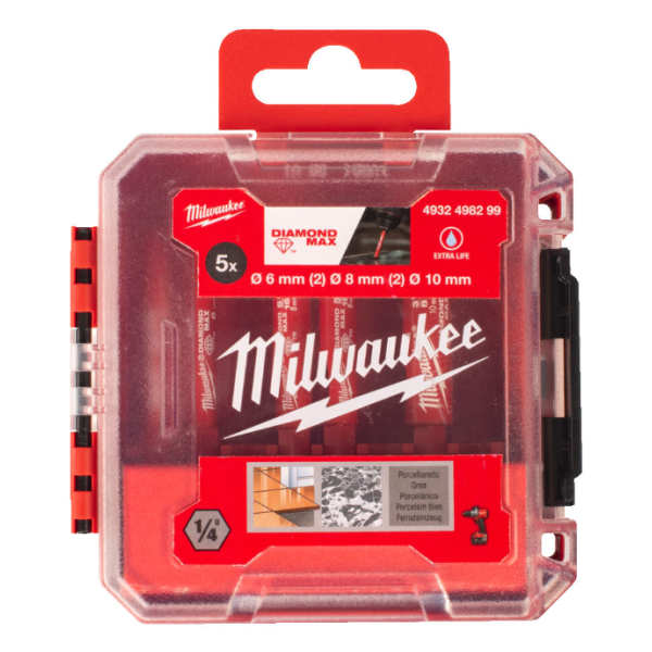 Набір коронок алмазних Diamond Plus/Max MILWAUKEE, (1/4'' Hex) (діаметр 6/6/8/8/10мм) (свердління з водою) пластиковий кейс