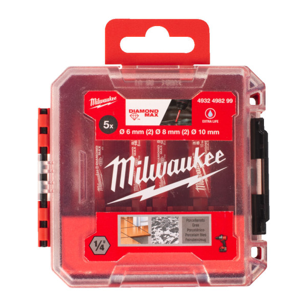 Набір коронок алмазних Diamond Plus/Max MILWAUKEE, (1/4'' Hex) (діаметр 6/6/8/8/10мм) (свердління з водою) пластиковий кейс