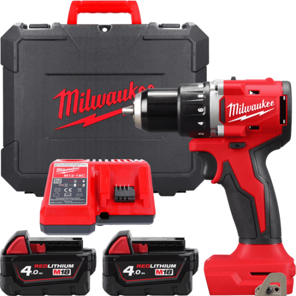 Дриль-шуруповерт акумуляторний безщітковий MILWAUKEE, M18 BLDDRC-402C, 60,5Нм (зарядний пристрій М12-18 С, 2 акумулятори М18 В4