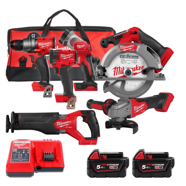 Набір з 6ти інструментів акумуляторних безщіткових MILWAUKEE, M18 FPP6H3-502B (зарядний пристрій M12-18C, 2 акумулятори М18 В5 5