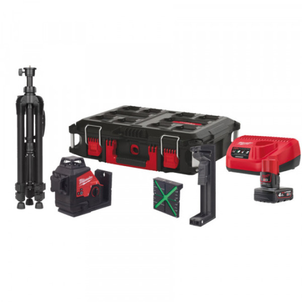 Нівелір 3D лазерний акумуляторний MILWAUKEE, M12 3PLSKIT-401P (360 градусів, зелений промінь) (зарядний пристрій С12 С, 1 акумул