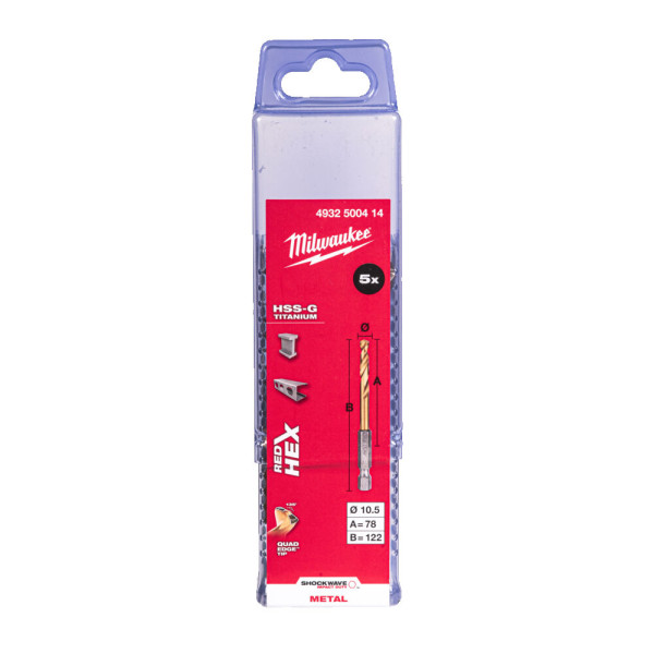 Свердло по металу RedHEX SHOCKWAVE HSS-TiN MILWAUKEE, діаметр 10,5х122х78мм, (5шт), пластикова коробка