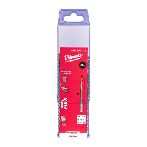 Свердло по металу RedHEX SHOCKWAVE HSS-TiN MILWAUKEE, діаметр 11,5х126х81мм, (5шт), пластикова коробка Свердло по металу RedHEX SHOCKWAVE HSS-TiN MILWAUKEE, діаметр 11,5х126х81мм, (5шт), пластикова коробка