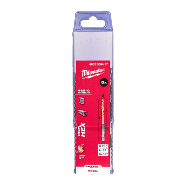 Свердло по металу RedHEX SHOCKWAVE HSS-TiN MILWAUKEE, діаметр 12,0х127х82мм, (5шт), плпстикова коробка Свердло по металу RedHEX SHOCKWAVE HSS-TiN MILWAUKEE, діаметр 12,0х127х82мм, (5шт), плпстикова коробка