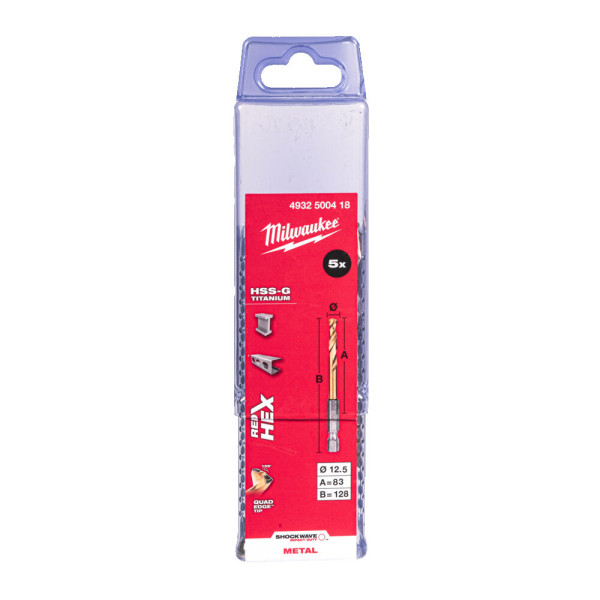 Свердло по металу RedHEX SHOCKWAVE HSS-TiN MILWAUKEE, діаметр 12,5х128х83мм, (5шт), пластикова коробка