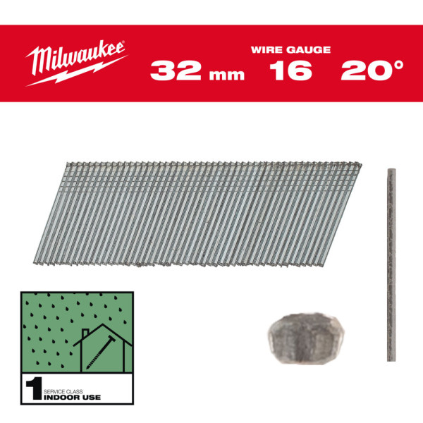 Цвяхи оцинковані з Т-образною головкою MILWAUKEE, 16G/20 градусів/32мм, (2000шт)