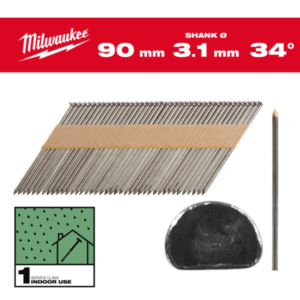 Цвяхи з D-образною головкою MILWAUKEE, 3,1/34 градуси/90мм (2200шт)