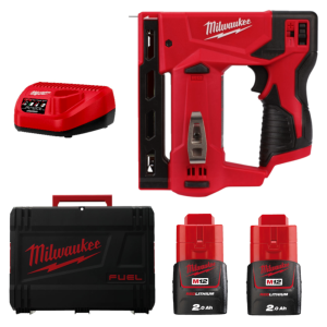 Степлер акумуляторний MILWAUKEE, M12 BST-202X (зарядний пристрій С12 С, 2 акумулятори М12 В2 2Аг, кліпса для ременя, HD кейс)