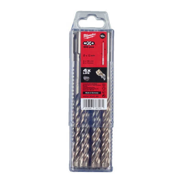Бур SDS-PLUS MX4 MILWAUKEE, діаметр 12,0х160х100мм, (10шт), пластикова коробка