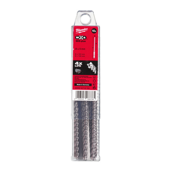 Бур SDS-PLUS MX4 MILWAUKEE, діаметр 5,0х165х100мм, (10шт), пластикова коробка Бур SDS-PLUS MX4 MILWAUKEE, діаметр 5,0х165х100мм, (10шт), пластикова коробка