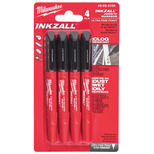 Набір маркерів для будмайданчика InkZAll MILWAUKEE, ультра-тонких, чорних, (4шт)