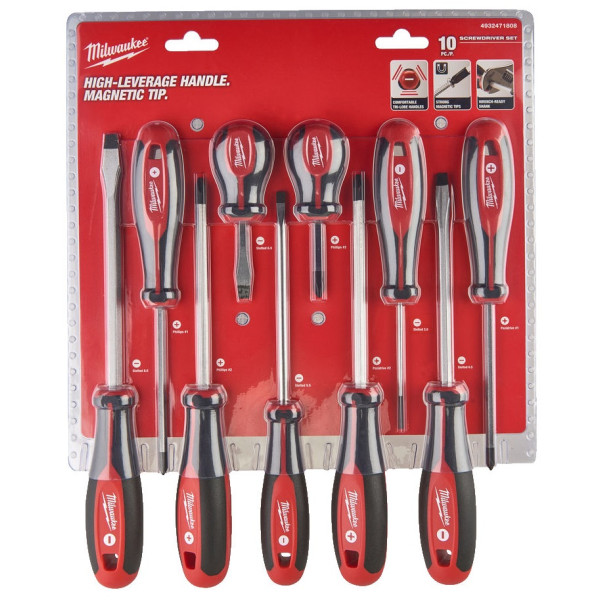 Набір викруток магнітних з тригранною рукояткою MILWAUKEE, (PZ1/PZ2/PH1/PH2/SL3/SL5,5/ SL6,5/ SL6,5/SL8) (10шт)