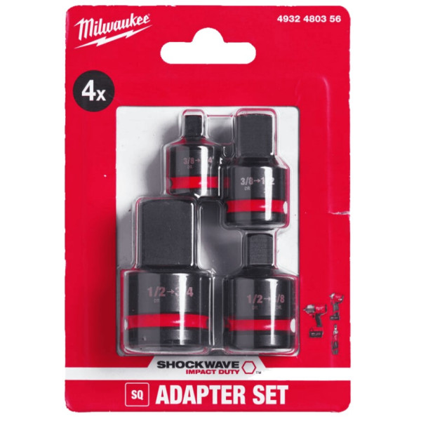 Набір перехідників ударних ShW 3/8"-1/4"; 3/8"-1/2"; 1/2"-3/8"; 1/2"-3/4" MILWAUKEE, (4шт)