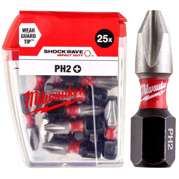 Біта SHOCKWAVE MILWAUKEE, PH2, 25мм, (25шт), пластикова коробка Біта SHOCKWAVE MILWAUKEE, PH2, 25мм, (25шт), пластикова коробка