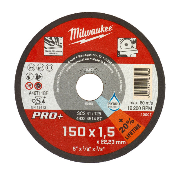 Диск відрізний по металу MILWAUKEE, SCS 41/150х1,5 PRO+, діаметр 150мм Диск відрізний по металу MILWAUKEE, SCS 41/150х1,5 PRO+, діаметр 150мм