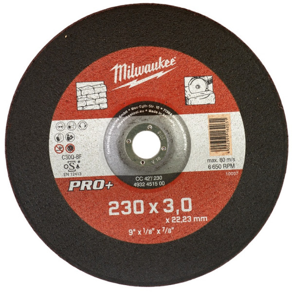 Диск відрізний по каменю MILWAUKEE, CC 42/230х3 PRO+, діаметр 230мм Диск відрізний по каменю MILWAUKEE, CC 42/230х3 PRO+, діаметр 230мм