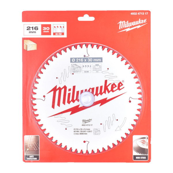Диск пиляльний по дереву для торцювальних пил PFTE MILWAUKEE, діаметр 216/30мм, 48 зуб. Диск пиляльний по дереву для торцювальних пил PFTE MILWAUKEE, діаметр 216/30мм, 48 зуб.
