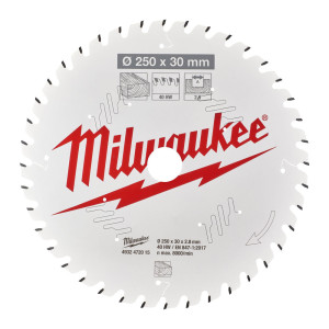 Диск пиляльний по дереву для торцювальних пил PFTE MILWAUKEE, діаметр 250х30х2,8мм, 40 зуб.