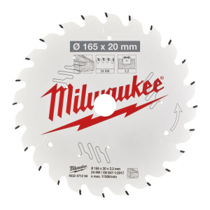Диск пиляльний по дереву PFTE MILWAUKEE, діаметр 165х20х2,2мм, 24 зуб.