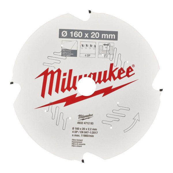 Диск пиляльний по фіброцементу PFTE MILWAUKEE, діаметр 190х30х1,8мм, 4 зуб.