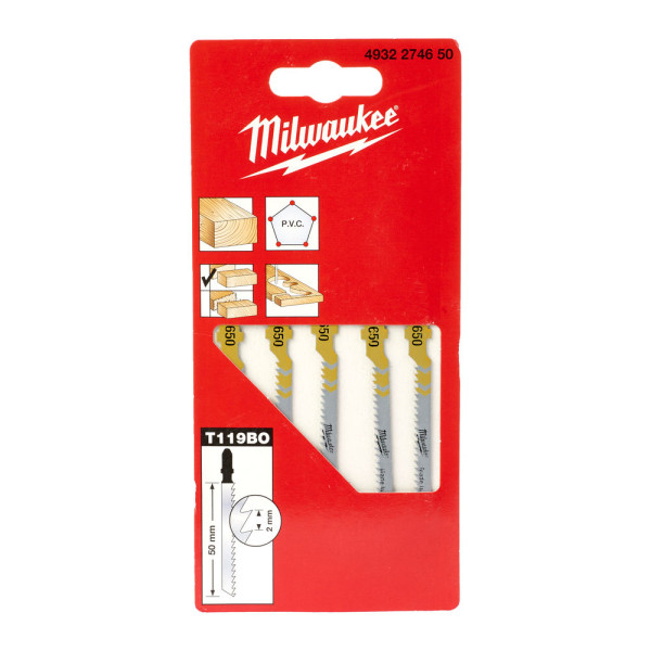 Полотна для лобзиків T119BO MILWAUKEE, 50х2,0мм, (5шт), (деревина, фігурний різ)