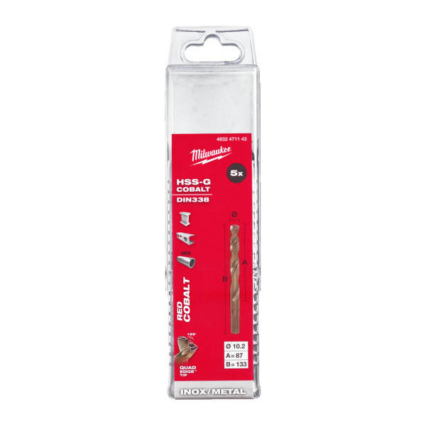 Свердло по металу HSS-Co MILWAUKEE DIN338, діаметр 10,2х133х87мм, (5шт), пластикова коробка
