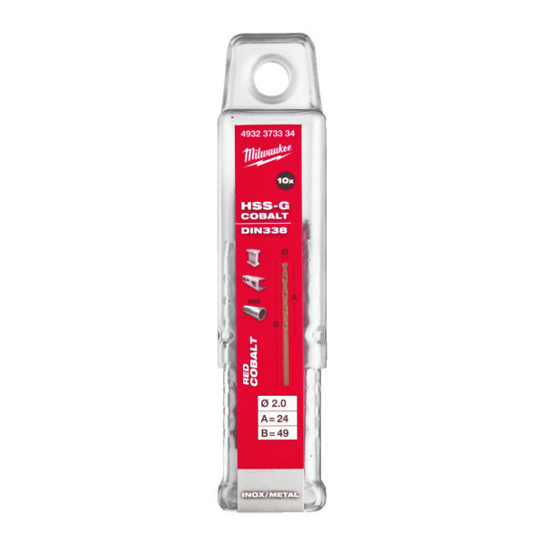 Свердло по металу HSS-Co MILWAUKEE DIN338, діаметр 2,0х49х24мм, (10шт), пластикова коробка