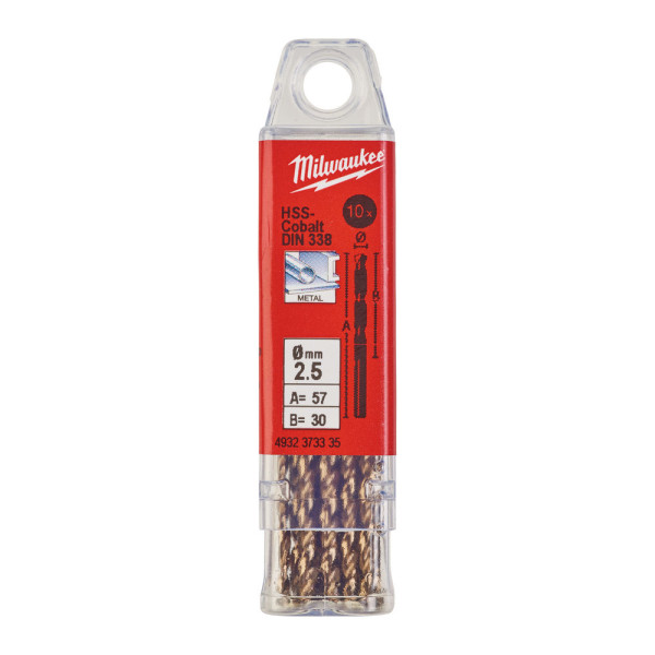 Свердло по металу HSS-Co MILWAUKEE DIN338, діаметр 2,5х57х30мм, (10шт), пластикова коробка