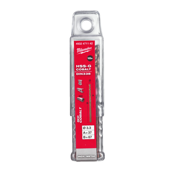 Свердло по металу HSS-Co MILWAUKEE DIN338, діаметр 3,3х67х37мм, (10шт), пластикова коробка