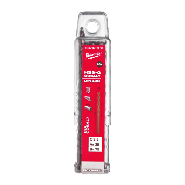 Cвердло по металу HSS-Co MILWAUKEE DIN338, діаметр 3,5х70х39мм, (10шт), пластикова коробка
