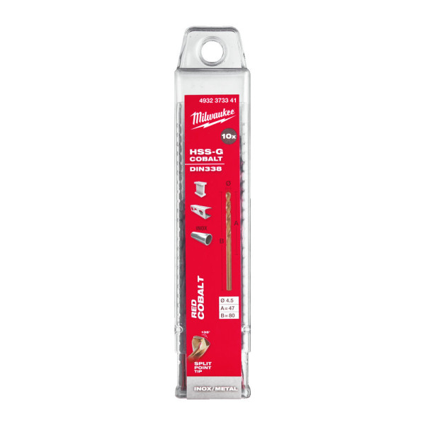 Свердло по металу HSS-Co MILWAUKEE DIN338, діаметр 4,5х80х47мм, (10шт), пластикова коробка