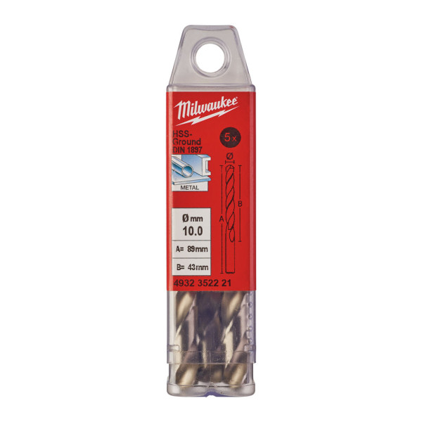 Свердло по металу HSS-G MILWAUKEE DIN1897, діаметр 10,0х89х43мм, скорочене, (5шт), пластикова коробка Свердло по металу HSS-G MILWAUKEE DIN1897, діаметр 10,0х89х43мм, скорочене, (5шт), пластикова коробка