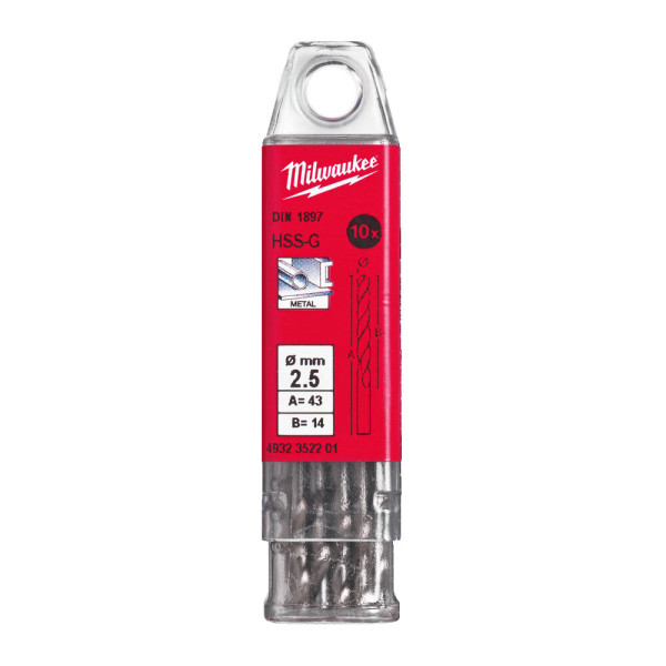 Свердло по металу HSS-G MILWAUKEE DIN1897, діаметр 2,5х43х14мм, скорочене, (10шт), пластикова коробка Свердло по металу HSS-G MILWAUKEE DIN1897, діаметр 2,5х43х14мм, скорочене, (10шт), пластикова коробка