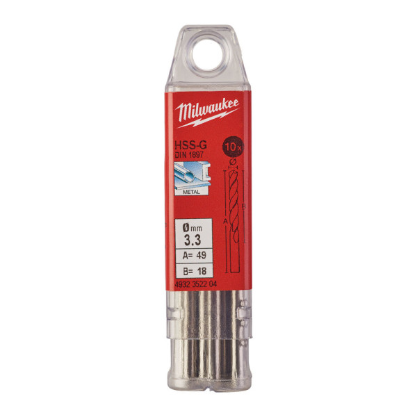 Свердло по металу HSS-G MILWAUKEE DIN1897, діаметр 3,3х49х18мм, скорочене, (10шт), пластикова коробка Свердло по металу HSS-G MILWAUKEE DIN1897, діаметр 3,3х49х18мм, скорочене, (10шт), пластикова коробка
