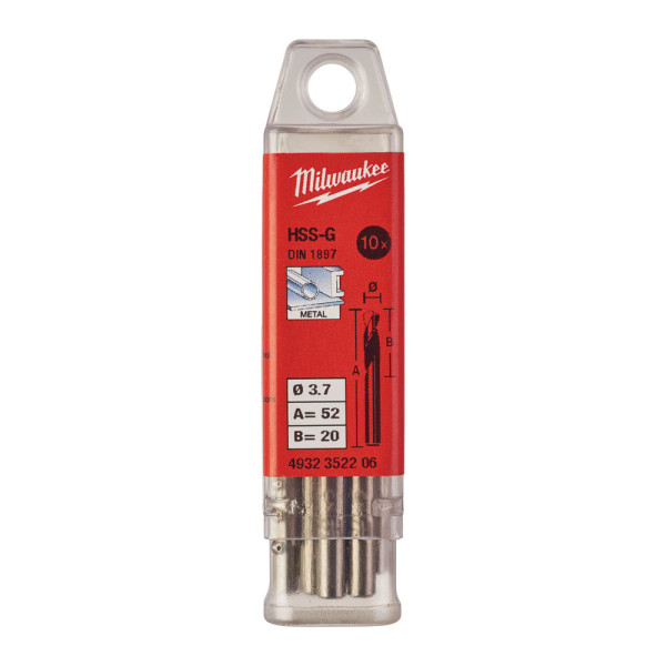 Свердло по металу HSS-G MILWAUKEE DIN1897, діаметр 3,7х52х20мм, скорочене, (10шт), пластикова коробка Свердло по металу HSS-G MILWAUKEE DIN1897, діаметр 3,7х52х20мм, скорочене, (10шт), пластикова коробка