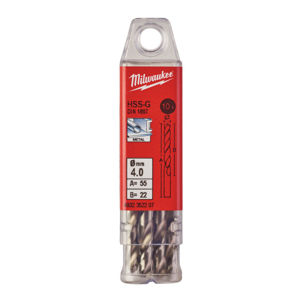 Свердло по металу HSS-G MILWAUKEE DIN1897, діаметр 4,0х55х22мм, скорочене, (10шт), пластикова коробка Свердло по металу HSS-G MILWAUKEE DIN1897, діаметр 4,0х55х22мм, скорочене, (10шт), пластикова коробка
