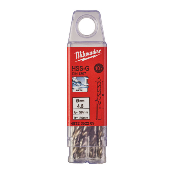 Свердло по металу HSS-G MILWAUKEE DIN1897, діаметр 4,5х58х24мм, скорочене, (10шт), пластикова коробка