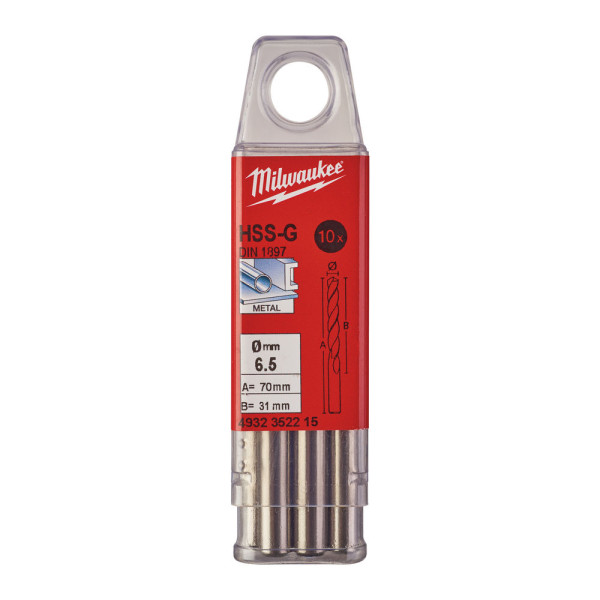 Свердло по металу HSS-G MILWAUKEE DIN1897, діаметр 6,5х70х31мм, скорочене, (10шт), пластикова коробка Свердло по металу HSS-G MILWAUKEE DIN1897, діаметр 6,5х70х31мм, скорочене, (10шт), пластикова коробка