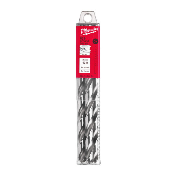 Свердло по металу HSS-G MILWAUKEE DIN340, діаметр 13,0х205х134мм, подовжене, (5шт), пластикова коробка