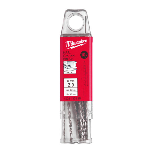 Свердло по металу HSS-G MILWAUKEE DIN340, діаметр 2,0x85х56мм, подовжене, (10шт), пластикова коробка Свердло по металу HSS-G MILWAUKEE DIN340, діаметр 2,0x85х56мм, подовжене, (10шт), пластикова коробка
