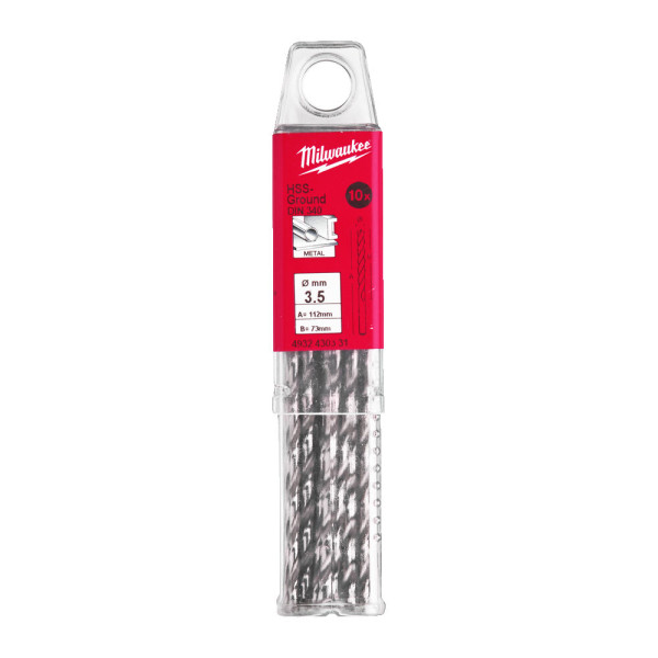 Свердло по металу HSS-G MILWAUKEE DIN340, діаметр 3,5х112х73мм, подовжене, (10шт), пластикова коробка Свердло по металу HSS-G MILWAUKEE DIN340, діаметр 3,5х112х73мм, подовжене, (10шт), пластикова коробка