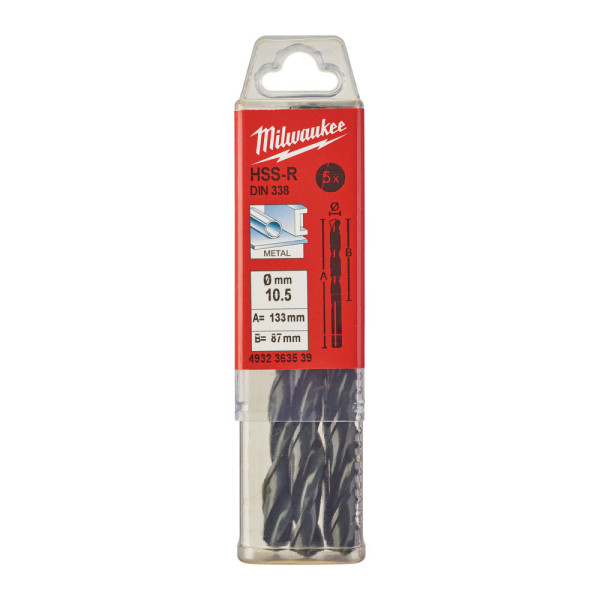 Свердло по металу HSS-R MILWAUKEE DIN338, діаметр 10,5х133х87мм, (5шт), пластикова коробка