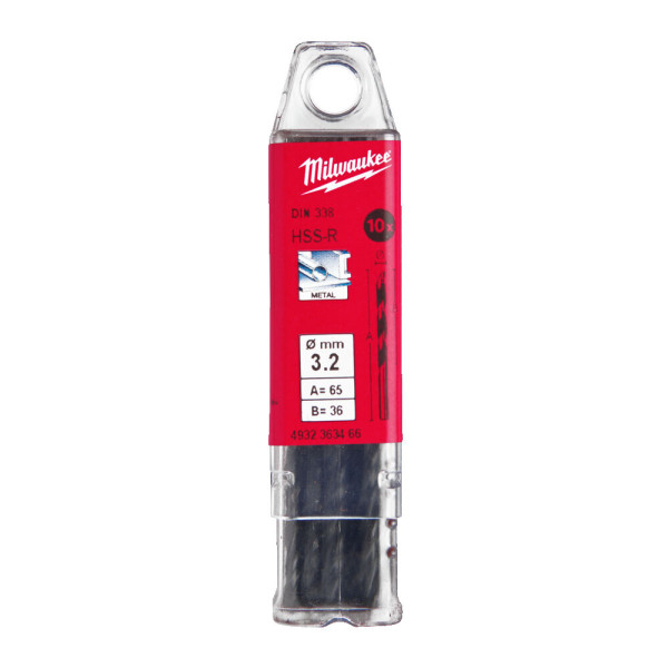 Свердло по металу HSS-R MILWAUKEE DIN338, діаметр 3,2х65х36мм, (10шт), пластикова коробка