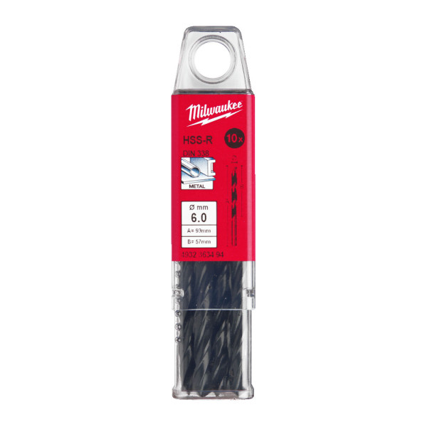 Свердло по металу HSS-R MILWAUKEE DIN338, діаметр 6,0х93х57мм, (10шт), пластикова коробка