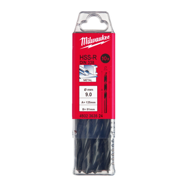 Свердло по металу HSS-R MILWAUKEE DIN338, діаметр 9,0х125х81мм, (10шт), пластикова коробка