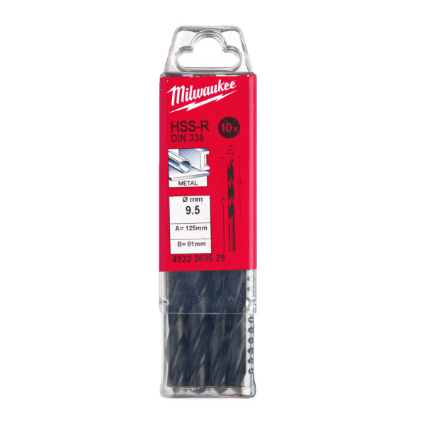 Свердло по металу HSS-R MILWAUKEE DIN338, діаметр 9,5х125х81мм, (10шт), пластикова коробка