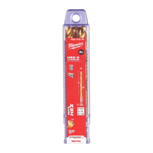 Свердло по металу RedHEX SHOCKWAVE HSS-TiN MILWAUKEE, діаметр 10,0х120х76мм, (5шт), пластикова коробка Свердло по металу RedHEX SHOCKWAVE HSS-TiN MILWAUKEE, діаметр 10,0х120х76мм, (5шт), пластикова коробка