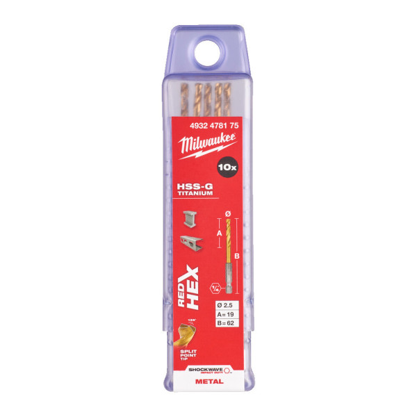 Свердло по металу RedHEX SHOCKWAVE HSS-TiN MILWAUKEE, діаметр 2,5х62х19мм, (10шт), пластикова коробка Свердло по металу RedHEX SHOCKWAVE HSS-TiN MILWAUKEE, діаметр 2,5х62х19мм, (10шт), пластикова коробка