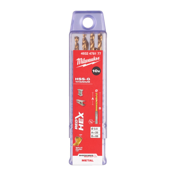 Свердло по металу RedHEX SHOCKWAVE HSS-TiN MILWAUKEE, діаметр 3,5х69х25мм, (10шт), пластикова коробка